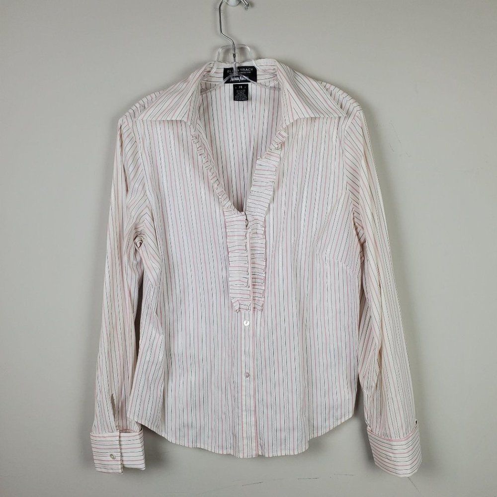 Neiman Marcus By Ellen Tracy Pink Stripes Pleated Button Long Sleeves Shirt 14